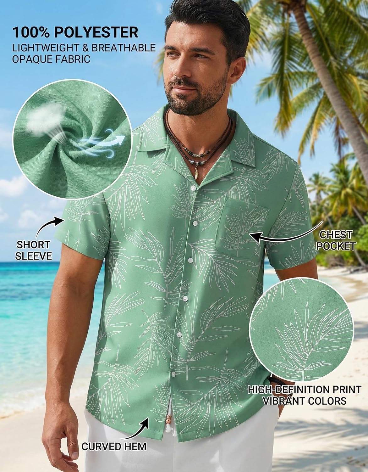 image:imageCOOFANDY Mens Hawaiian Shirt Short Sleeve Tropical Button Up Vacation Beach ShirtLight Green Palm Tree