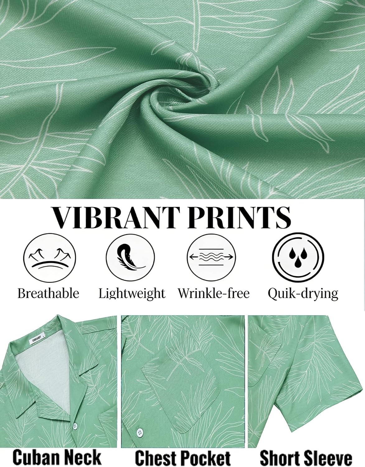 image:imageCOOFANDY Mens Hawaiian Shirt Short Sleeve Tropical Button Up Vacation Beach ShirtLight Green Palm Tree