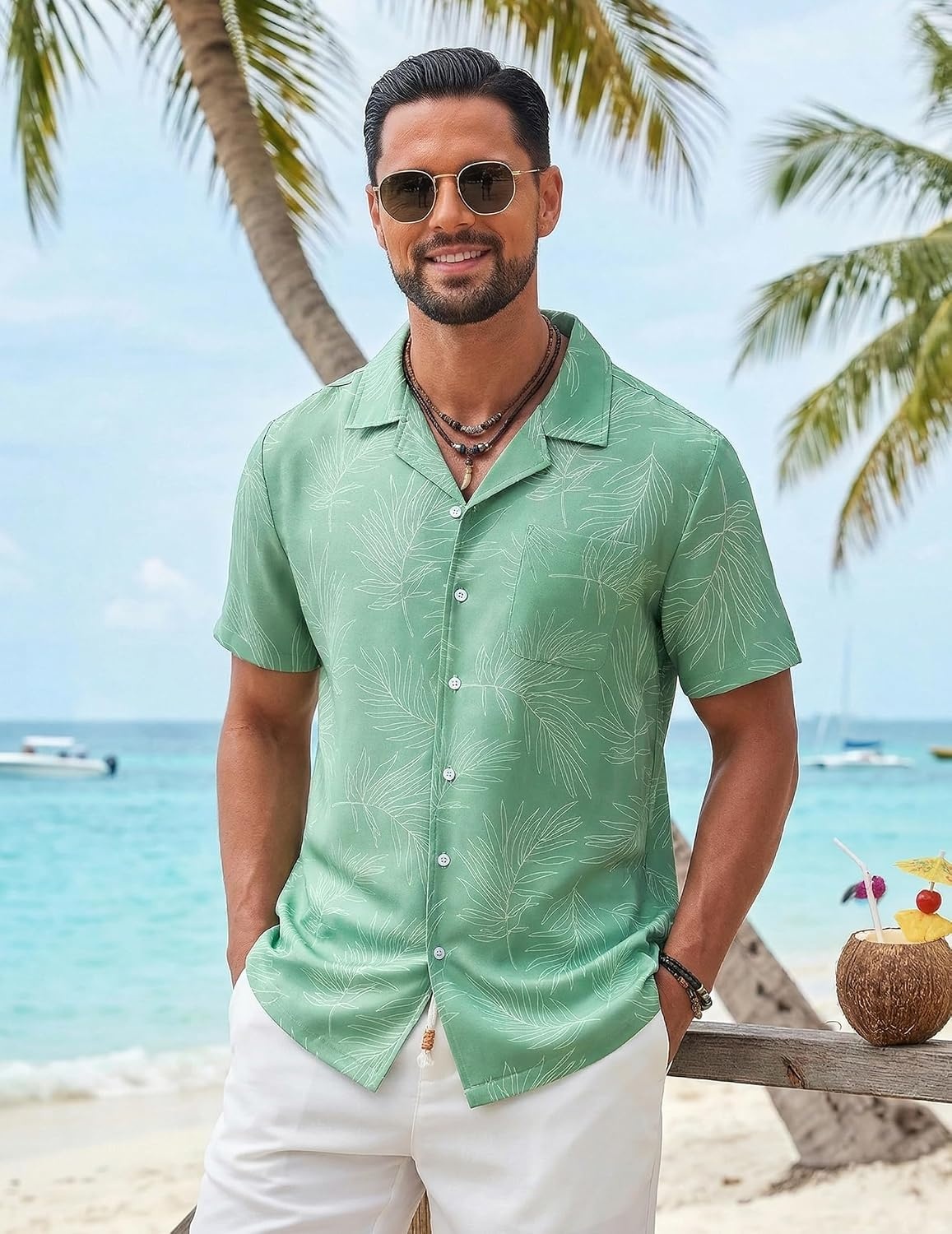 image:imageCOOFANDY Mens Hawaiian Shirt Short Sleeve Tropical Button Up Vacation Beach ShirtLight Green Palm Tree