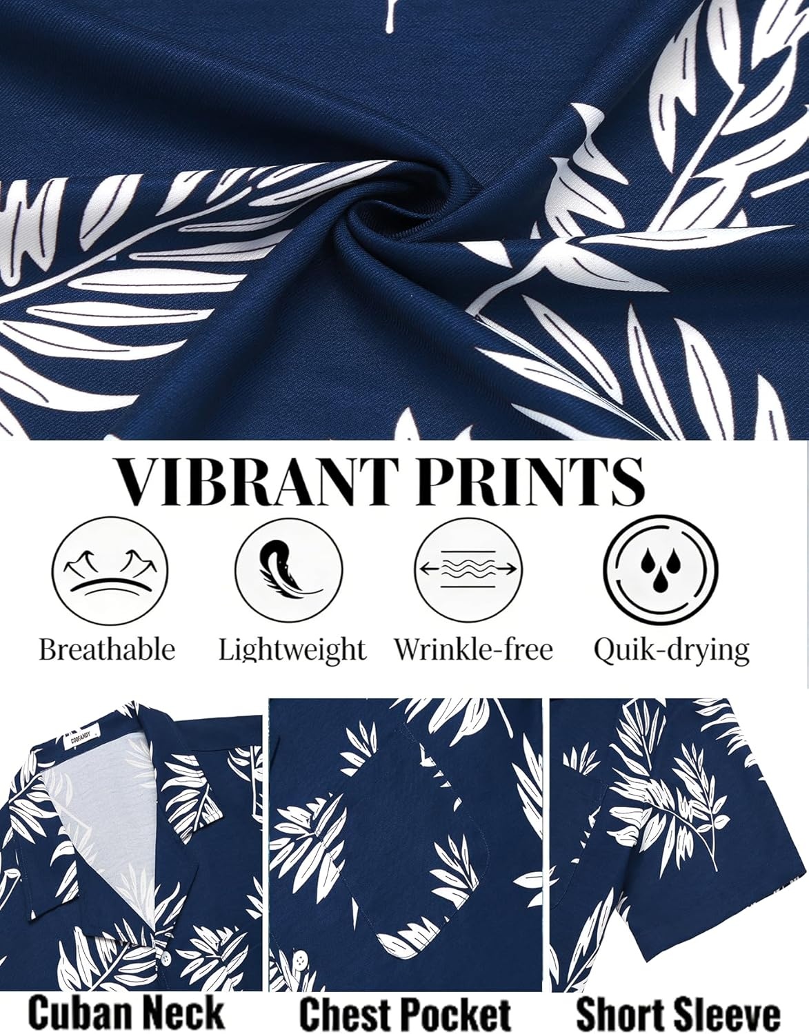 image:imageCOOFANDY Mens Hawaiian Shirt Short Sleeve Tropical Button Up Vacation Beach ShirtNavy Palm Leaf