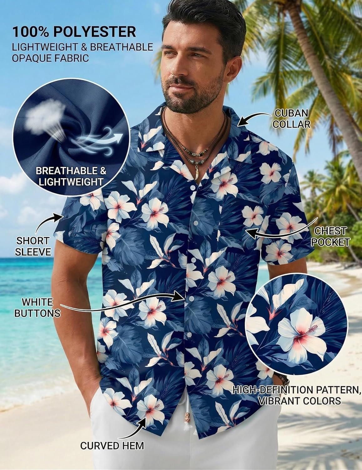 image:imageCOOFANDY Mens Hawaiian Shirt Short Sleeve Tropical Button Up Vacation Beach ShirtNavy Blue Floral