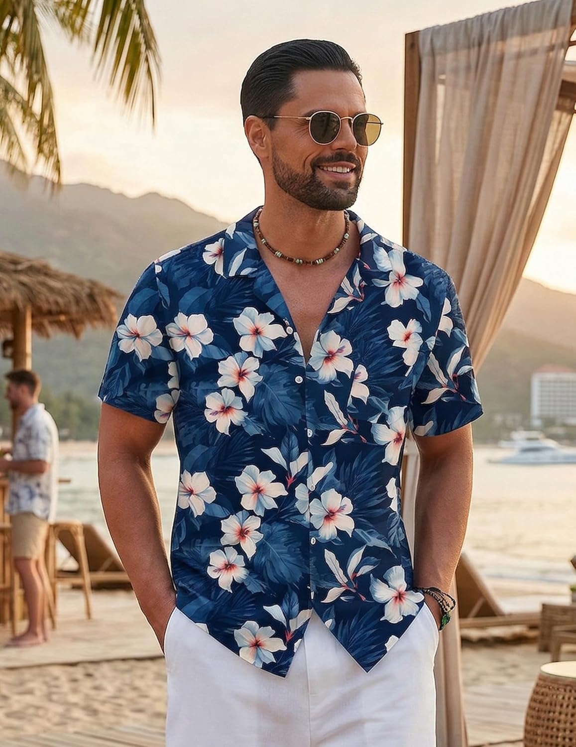 image:imageCOOFANDY Mens Hawaiian Shirt Short Sleeve Tropical Button Up Vacation Beach ShirtNavy Blue Floral