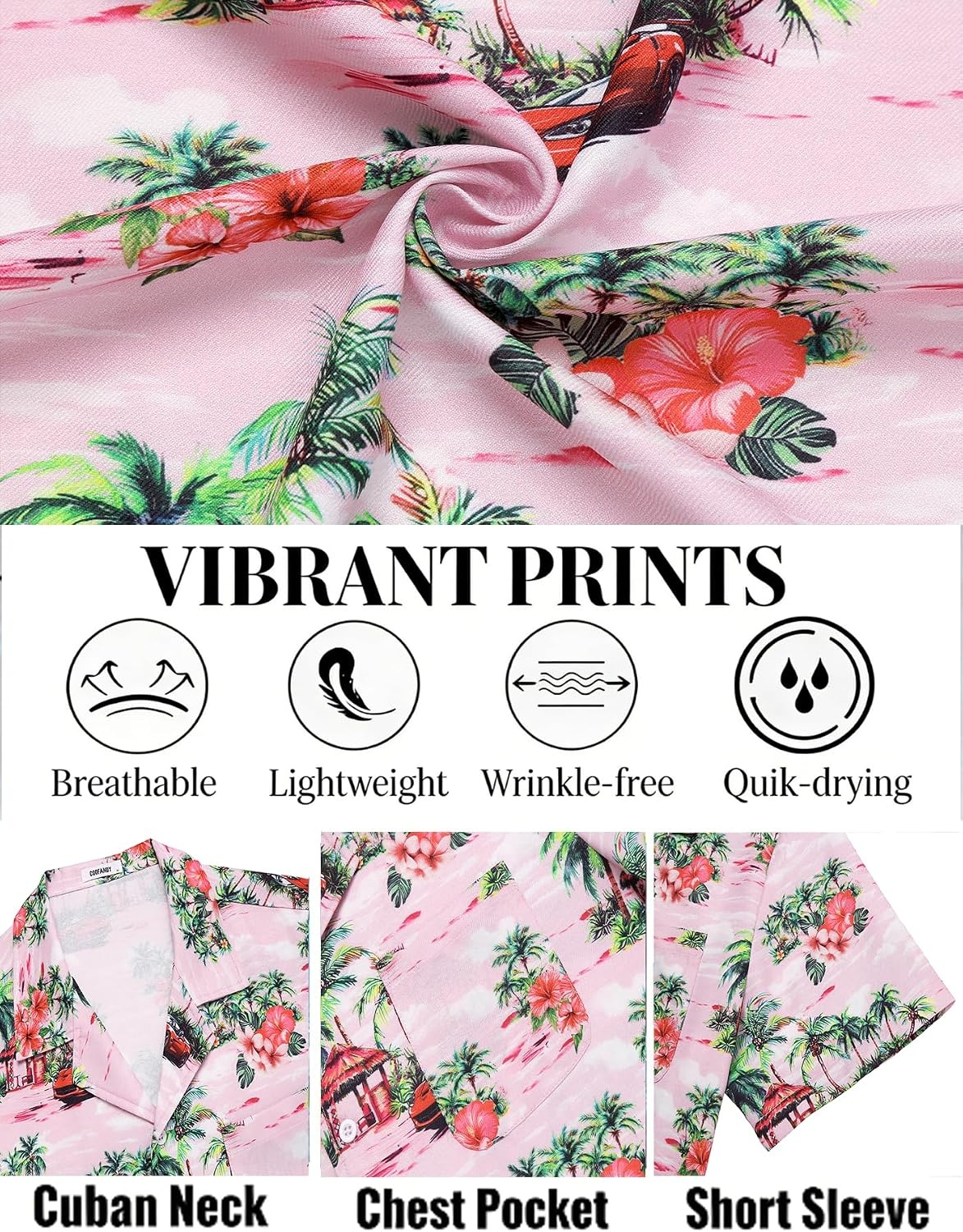 image:imageCOOFANDY Mens Hawaiian Shirt Short Sleeve Tropical Button Up Vacation Beach ShirtPink Car