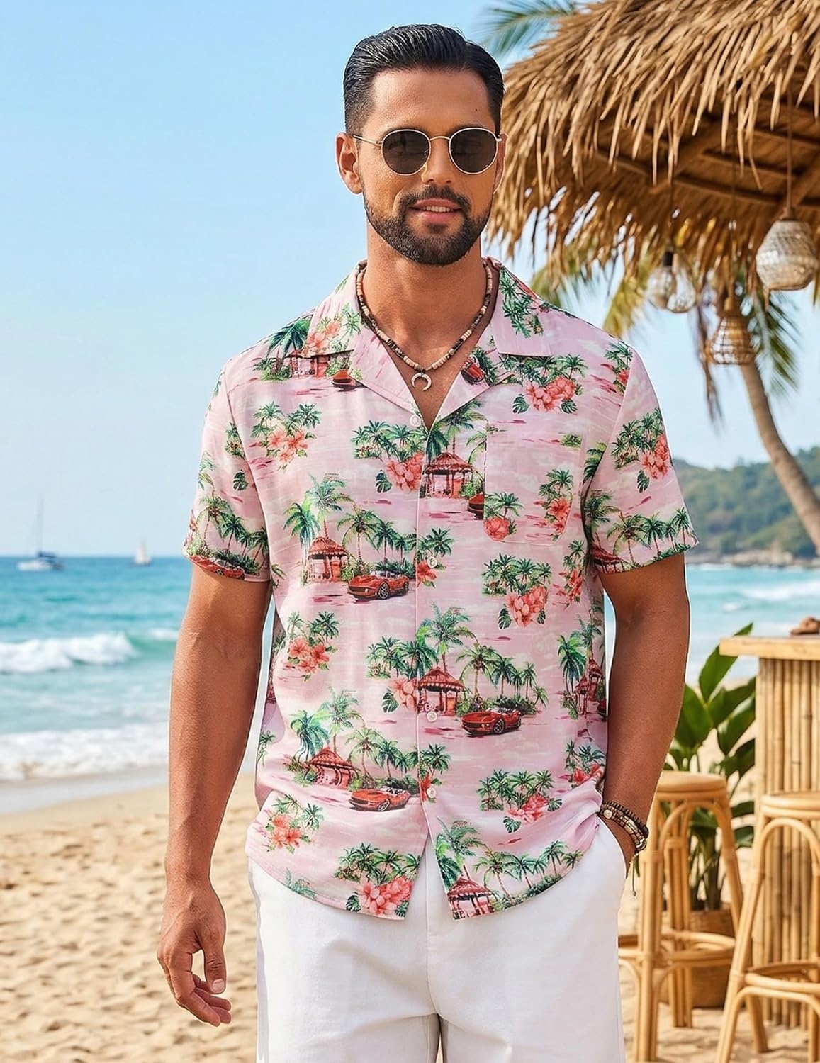 image:imageCOOFANDY Mens Hawaiian Shirt Short Sleeve Tropical Button Up Vacation Beach ShirtPink Car