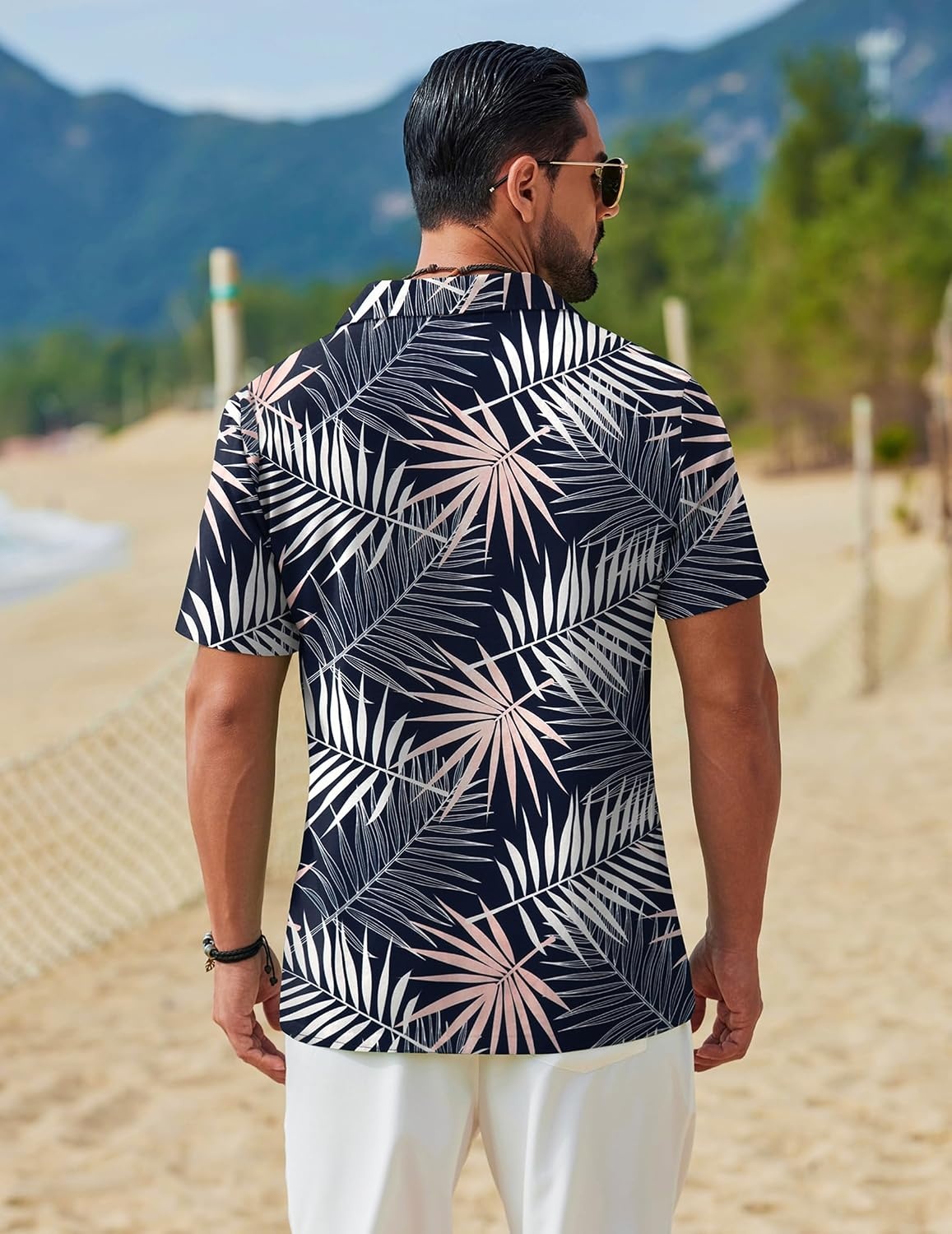 image:imageCOOFANDY Mens Hawaiian Shirt Short Sleeve Tropical Button Up Vacation Beach ShirtPink White Leaf