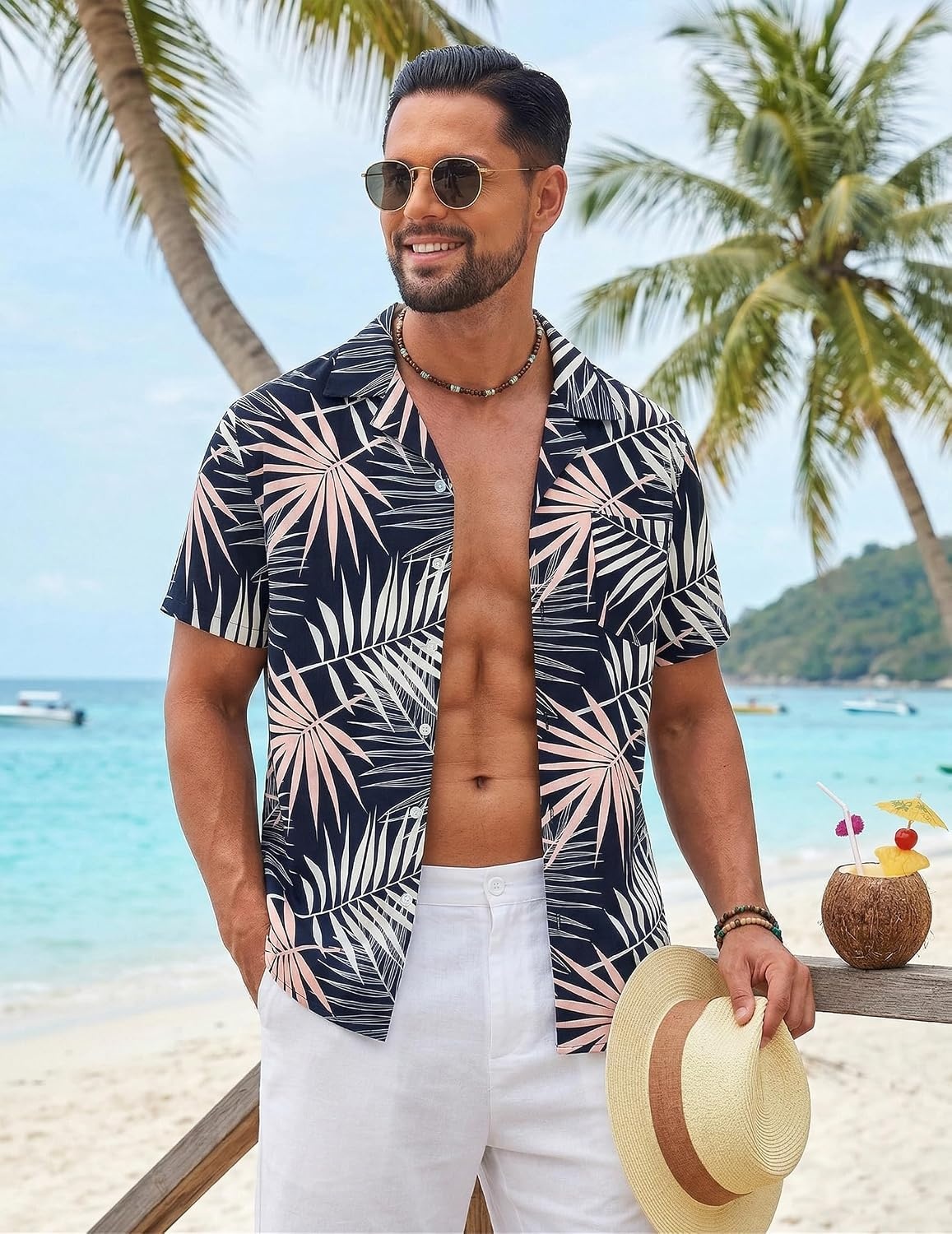image:imageCOOFANDY Mens Hawaiian Shirt Short Sleeve Tropical Button Up Vacation Beach ShirtPink White Leaf