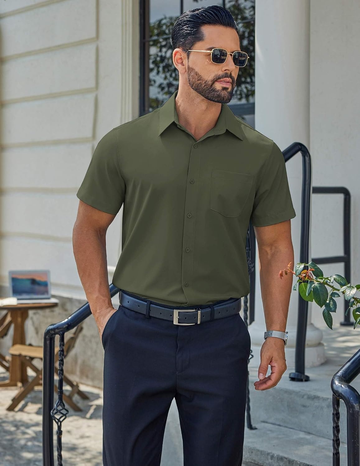 image:imageCOOFANDY Mens Stretch Dress Shirts Short Sleeve Casual Button Down Shirts with PocketArmy Green