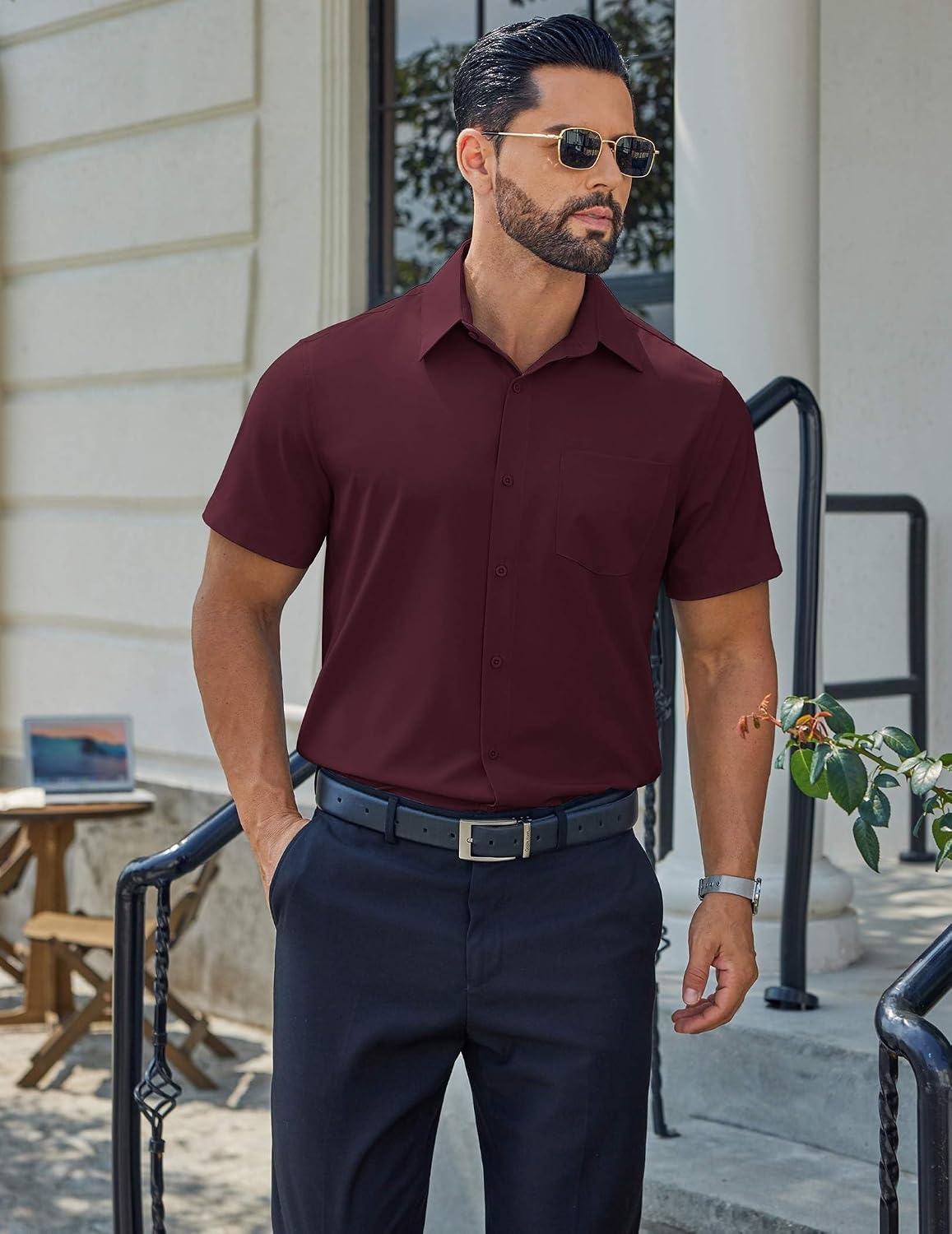 image:imageCOOFANDY Mens Stretch Dress Shirts Short Sleeve Casual Button Down Shirts with PocketDeep Red