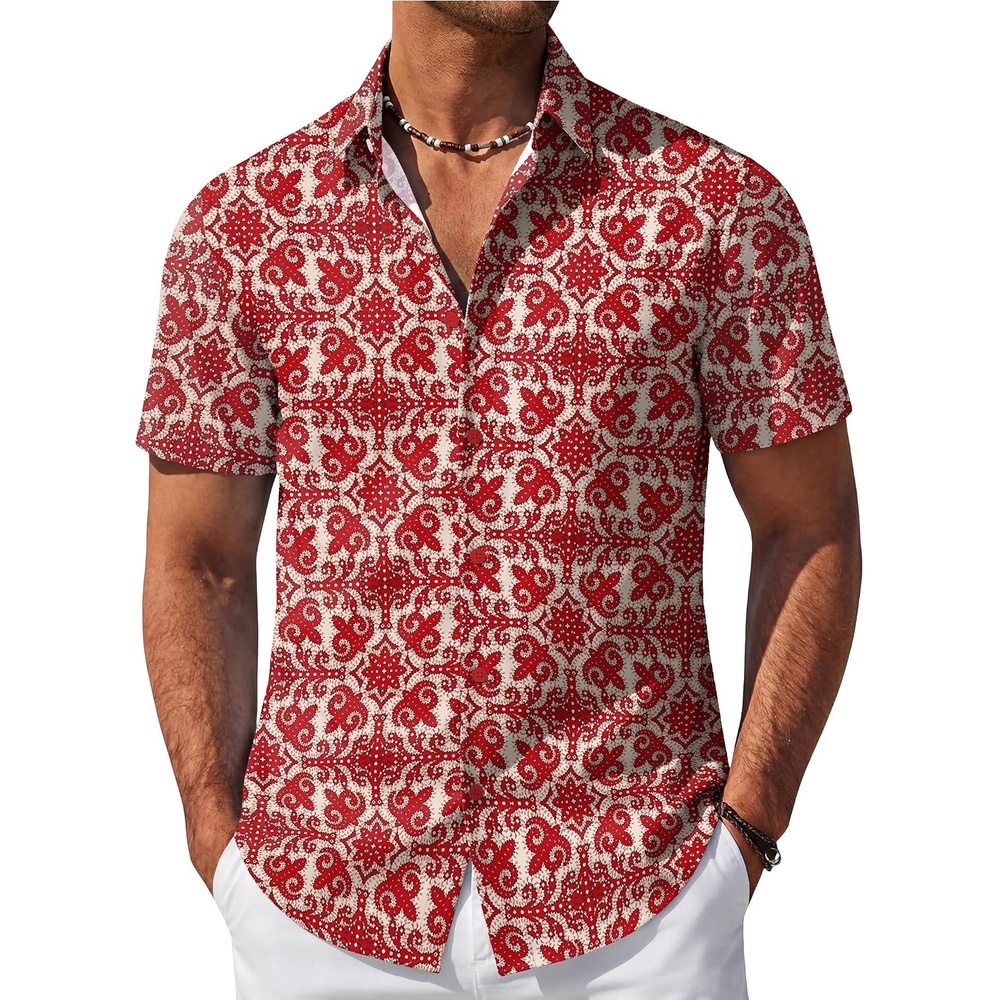 image:imageCOOFANDY Mens Hawaiian Shirt Short Sleeve Button Down Beach Vacation Shirt Retro Summer Tropical Shirts2red Symmetrical Pattern