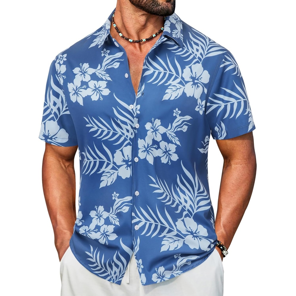 image:imageCOOFANDY Mens Hawaiian Shirt Short Sleeve Button Down Floral Aloha Shirts Tropical Vacation Beach ShirtsA Blue Light Blue Floral