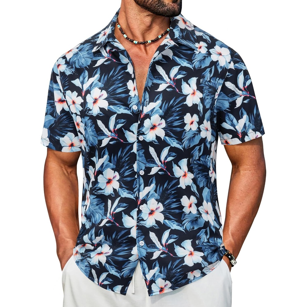 image:imageCOOFANDY Mens Hawaiian Shirt Short Sleeve Button Down Floral Aloha Shirts Tropical Vacation Beach ShirtsD Navy Blue White Floral