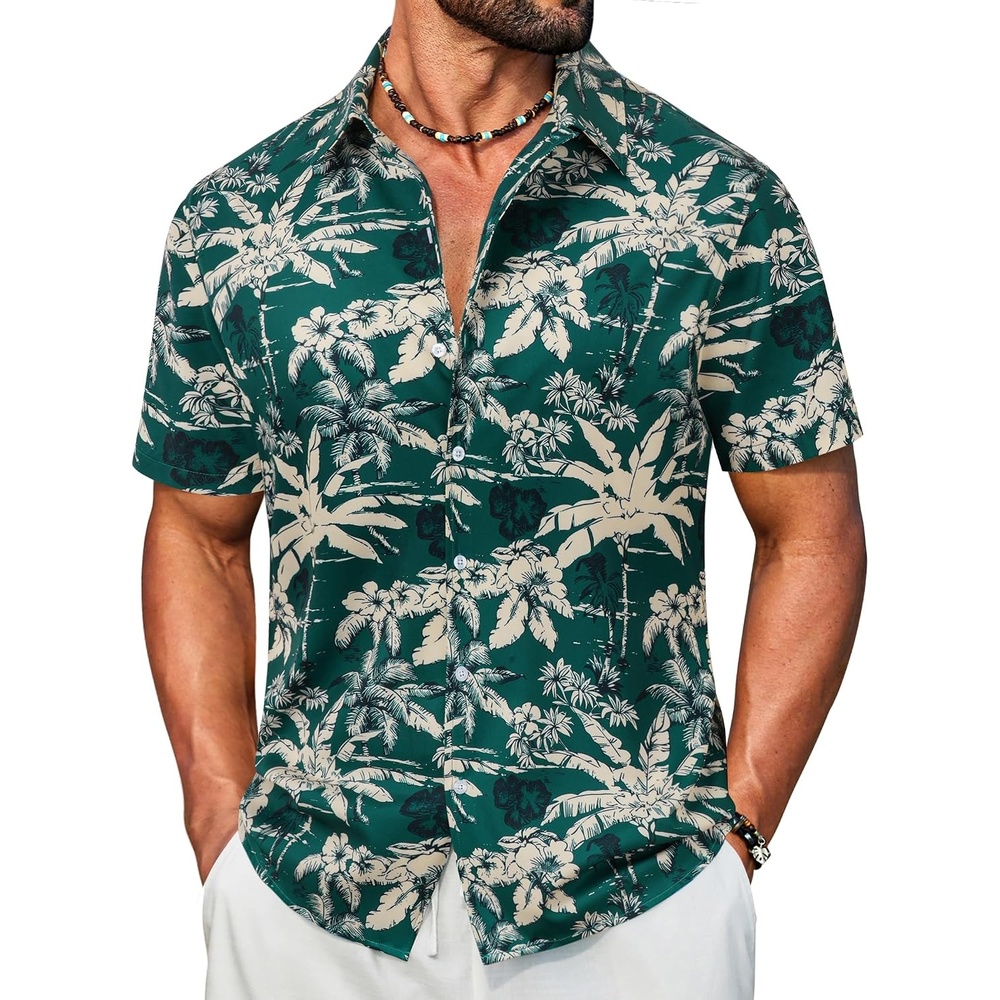 image:imageCOOFANDY Mens Hawaiian Shirt Short Sleeve Button Down Floral Aloha Shirts Tropical Vacation Beach ShirtsE Green Palm Tree