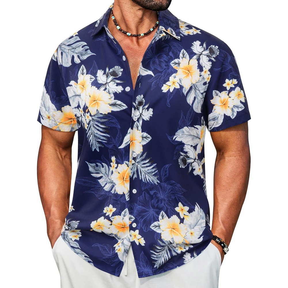 image:imageCOOFANDY Mens Hawaiian Shirt Short Sleeve Button Down Floral Aloha Shirts Tropical Vacation Beach ShirtsF Deep Blue Yellow White Floral