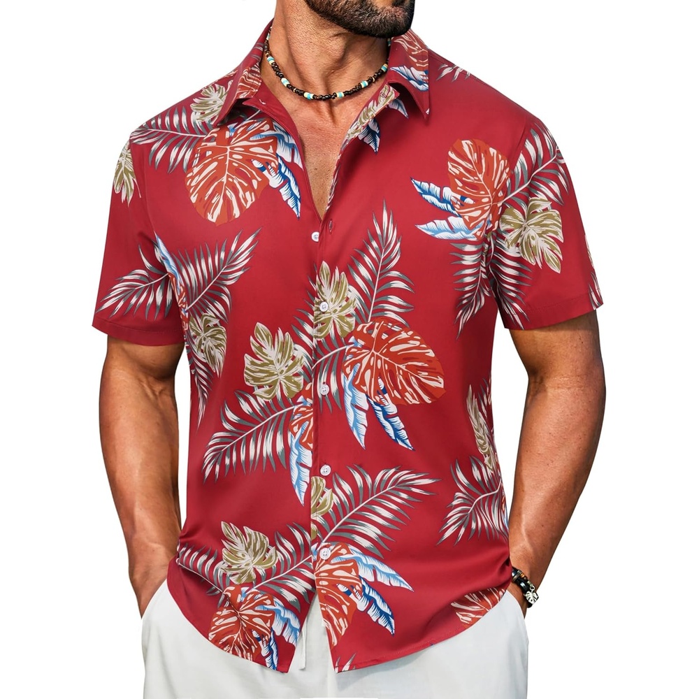 image:imageCOOFANDY Mens Hawaiian Shirt Short Sleeve Button Down Floral Aloha Shirts Tropical Vacation Beach ShirtsH  Red Leaf