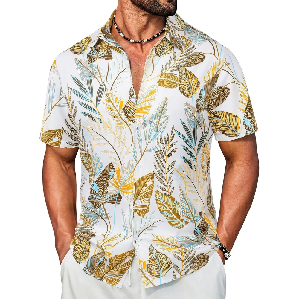 image:imageCOOFANDY Mens Hawaiian Shirt Short Sleeve Button Down Floral Aloha Shirts Tropical Vacation Beach ShirtsJ  White  Yellow Leaf