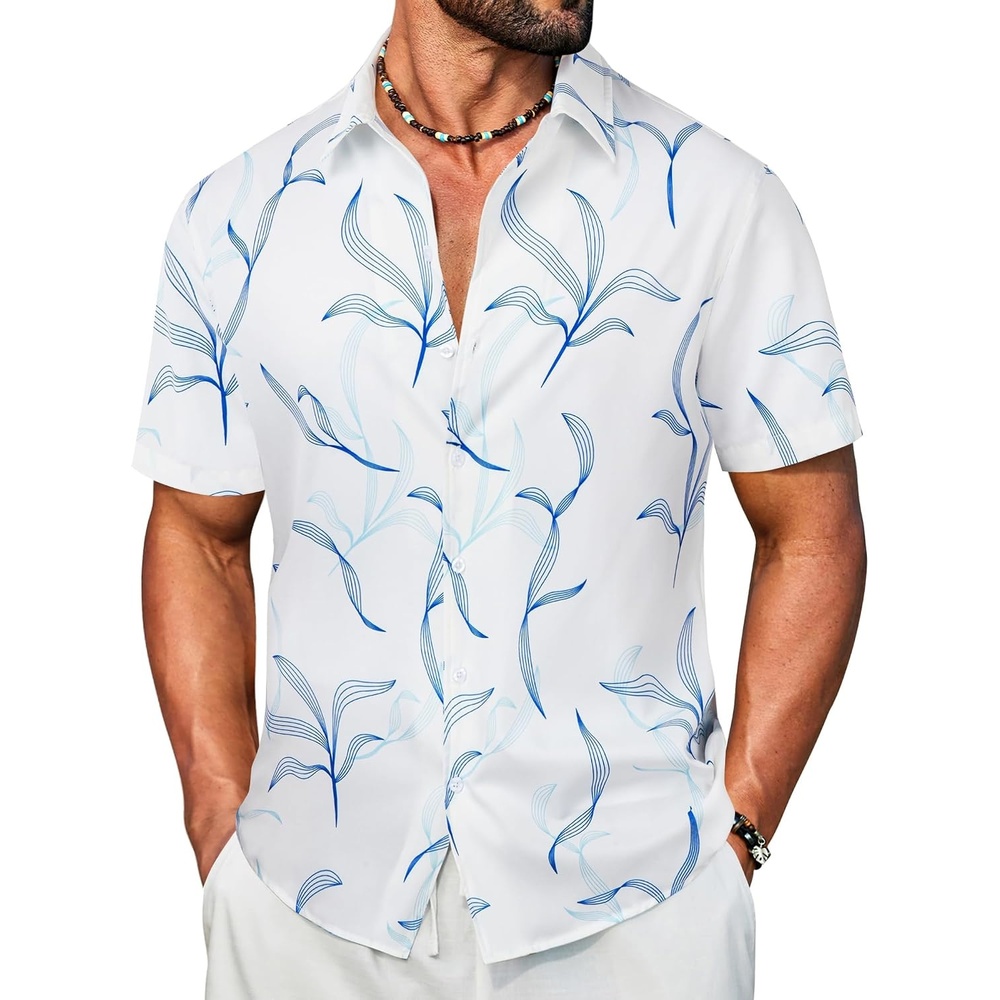 image:imageCOOFANDY Mens Hawaiian Shirt Short Sleeve Button Down Floral Aloha Shirts Tropical Vacation Beach ShirtsK  White  Blue Leaf