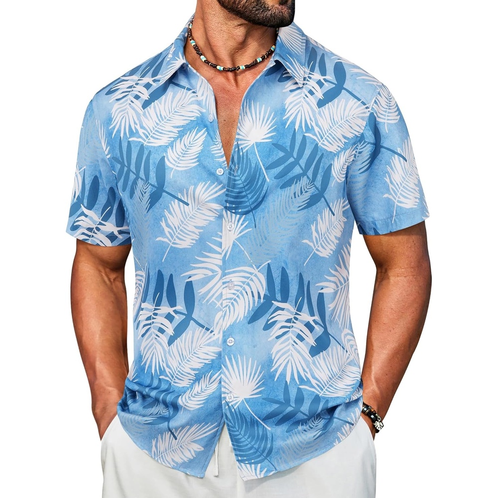 image:imageCOOFANDY Mens Hawaiian Shirt Short Sleeve Button Down Floral Aloha Shirts Tropical Vacation Beach ShirtsL  Light Blue  White Plam Leaf