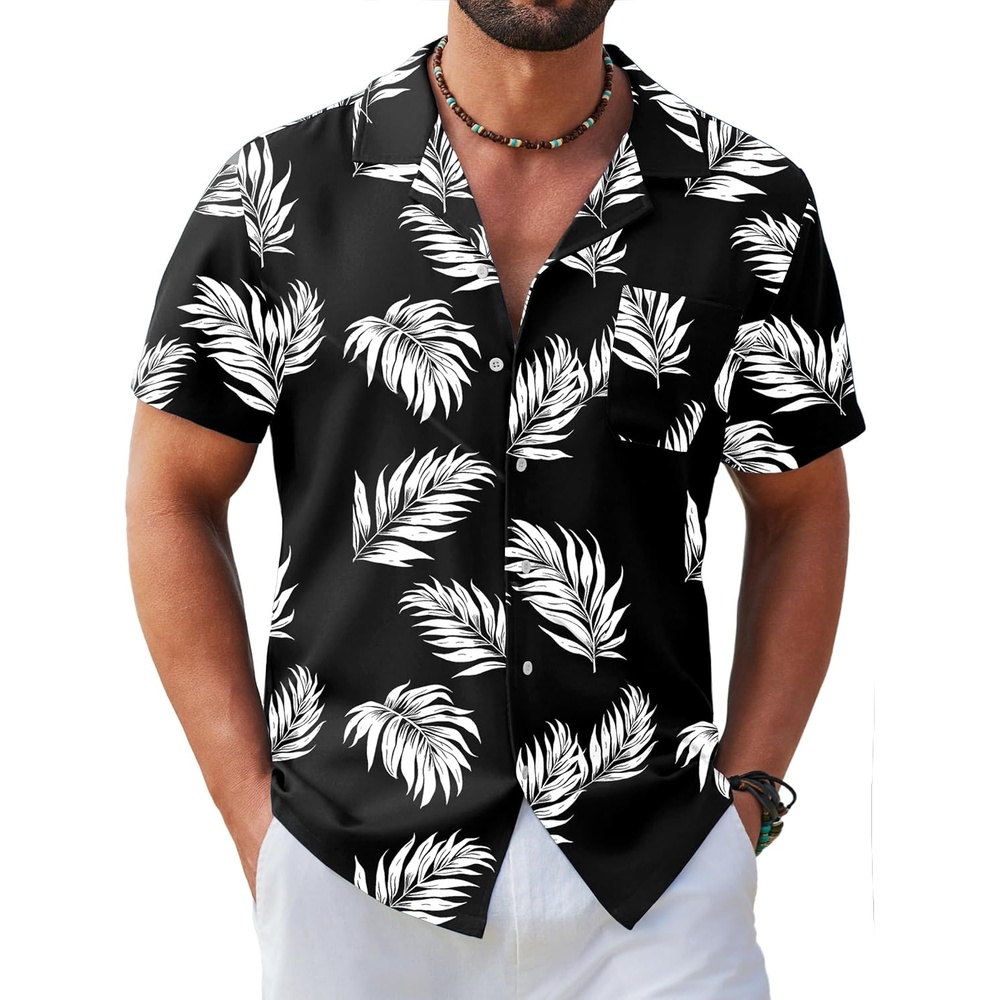 image:imageCOOFANDY Mens Hawaiian Shirt Short Sleeve Tropical Button Up Vacation Beach ShirtBlack Palm Leaf