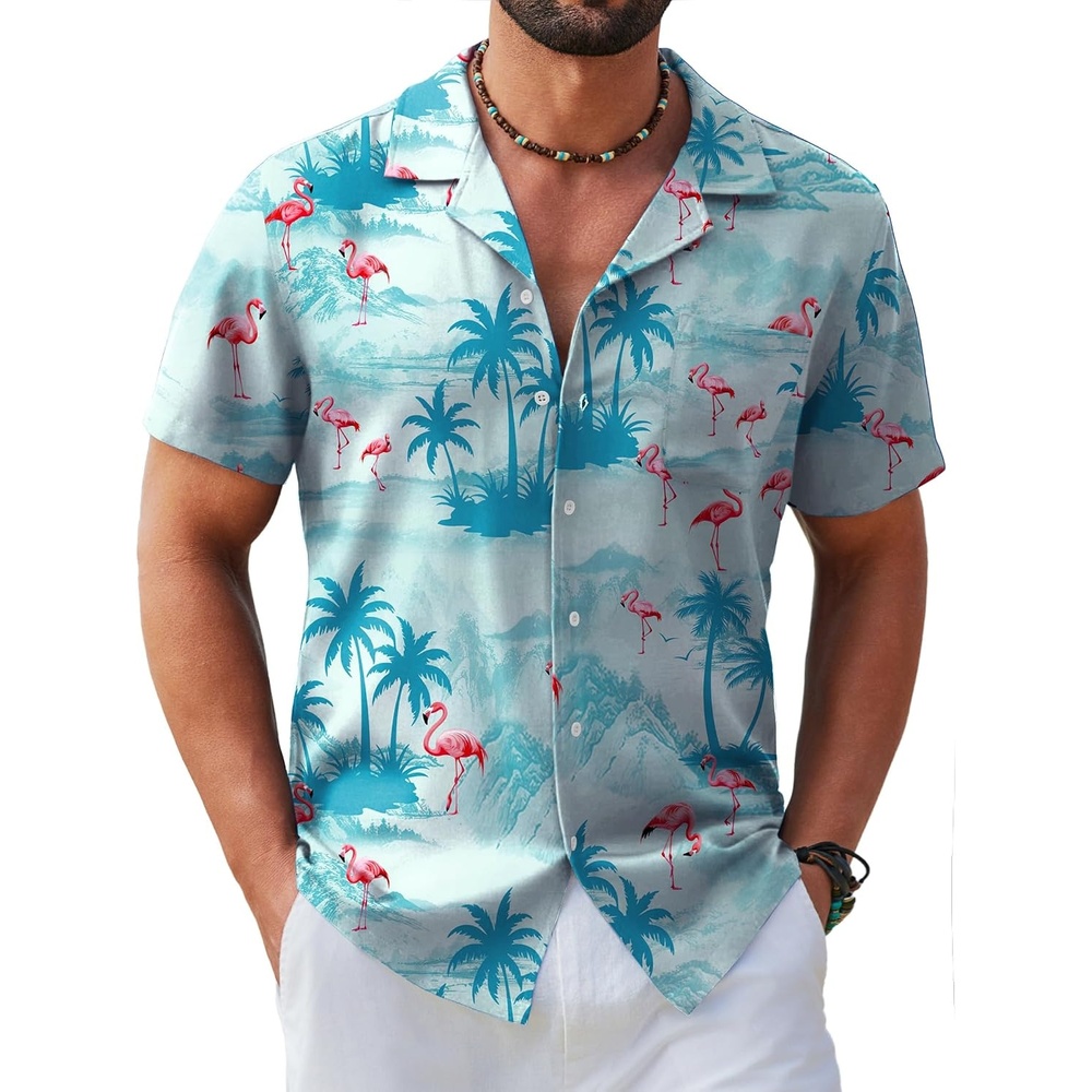 image:imageCOOFANDY Mens Hawaiian Shirt Short Sleeve Tropical Button Up Vacation Beach ShirtCyan Blue Flamingos