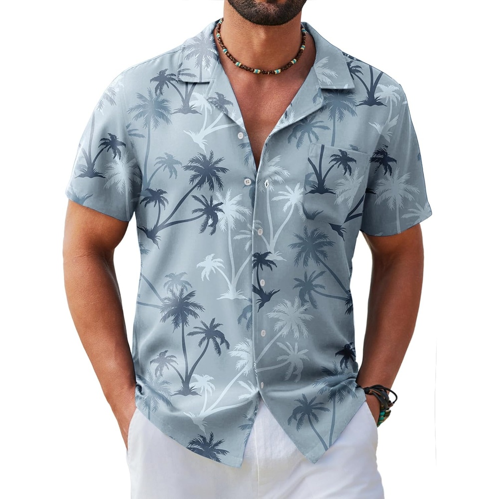 image:imageCOOFANDY Mens Hawaiian Shirt Short Sleeve Tropical Button Up Vacation Beach ShirtGrey Tree