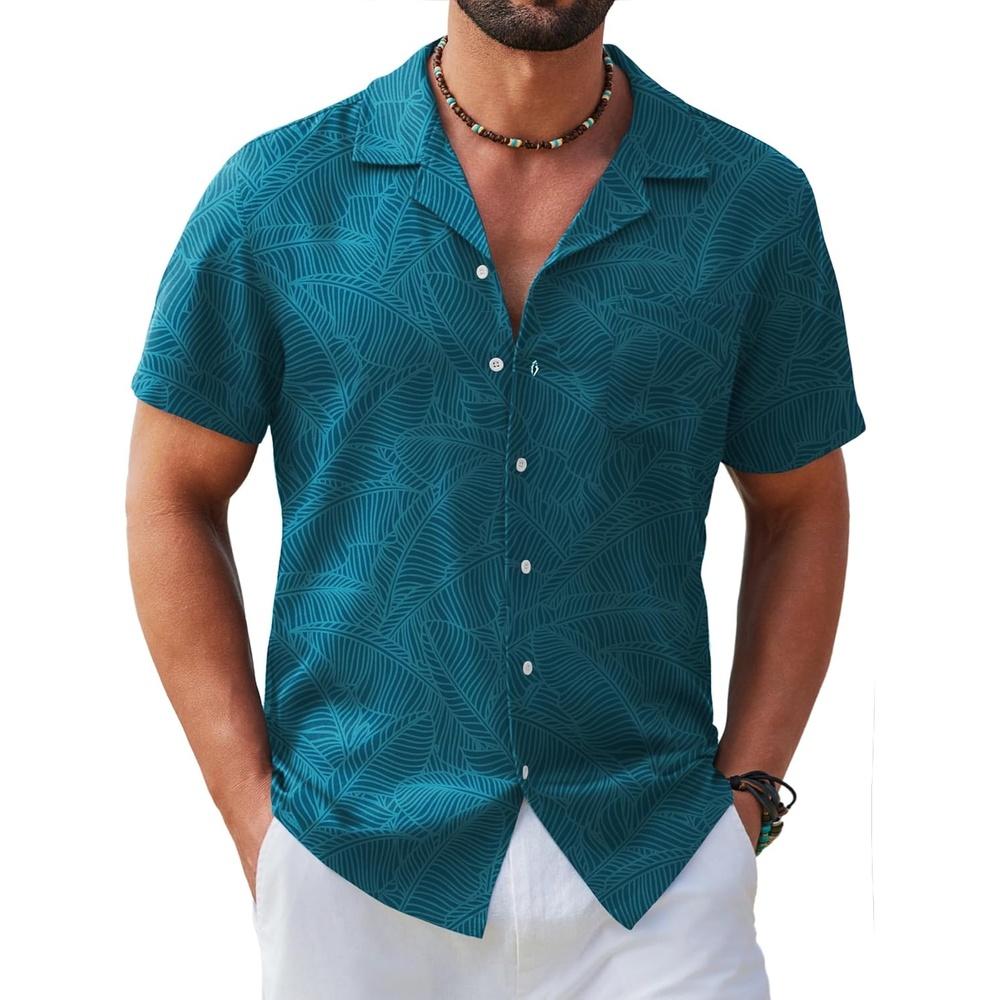 image:imageCOOFANDY Mens Hawaiian Shirt Short Sleeve Tropical Button Up Vacation Beach ShirtLake Blue Leaf