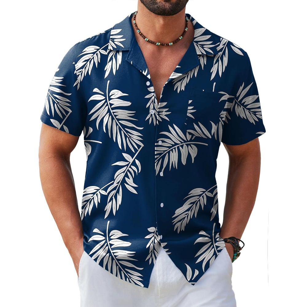 image:imageCOOFANDY Mens Hawaiian Shirt Short Sleeve Tropical Button Up Vacation Beach ShirtNavy Palm Leaf