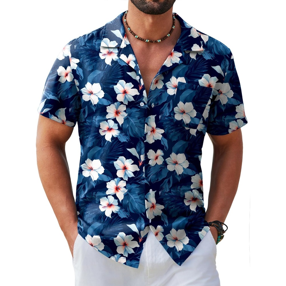 image:imageCOOFANDY Mens Hawaiian Shirt Short Sleeve Tropical Button Up Vacation Beach ShirtNavy Blue Floral