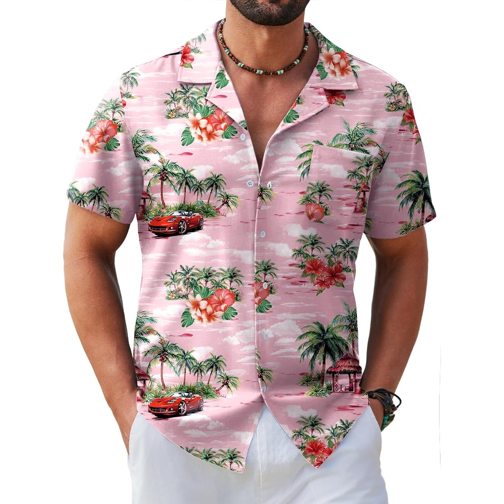 image:imageCOOFANDY Mens Hawaiian Shirt Short Sleeve Tropical Button Up Vacation Beach ShirtPink Car
