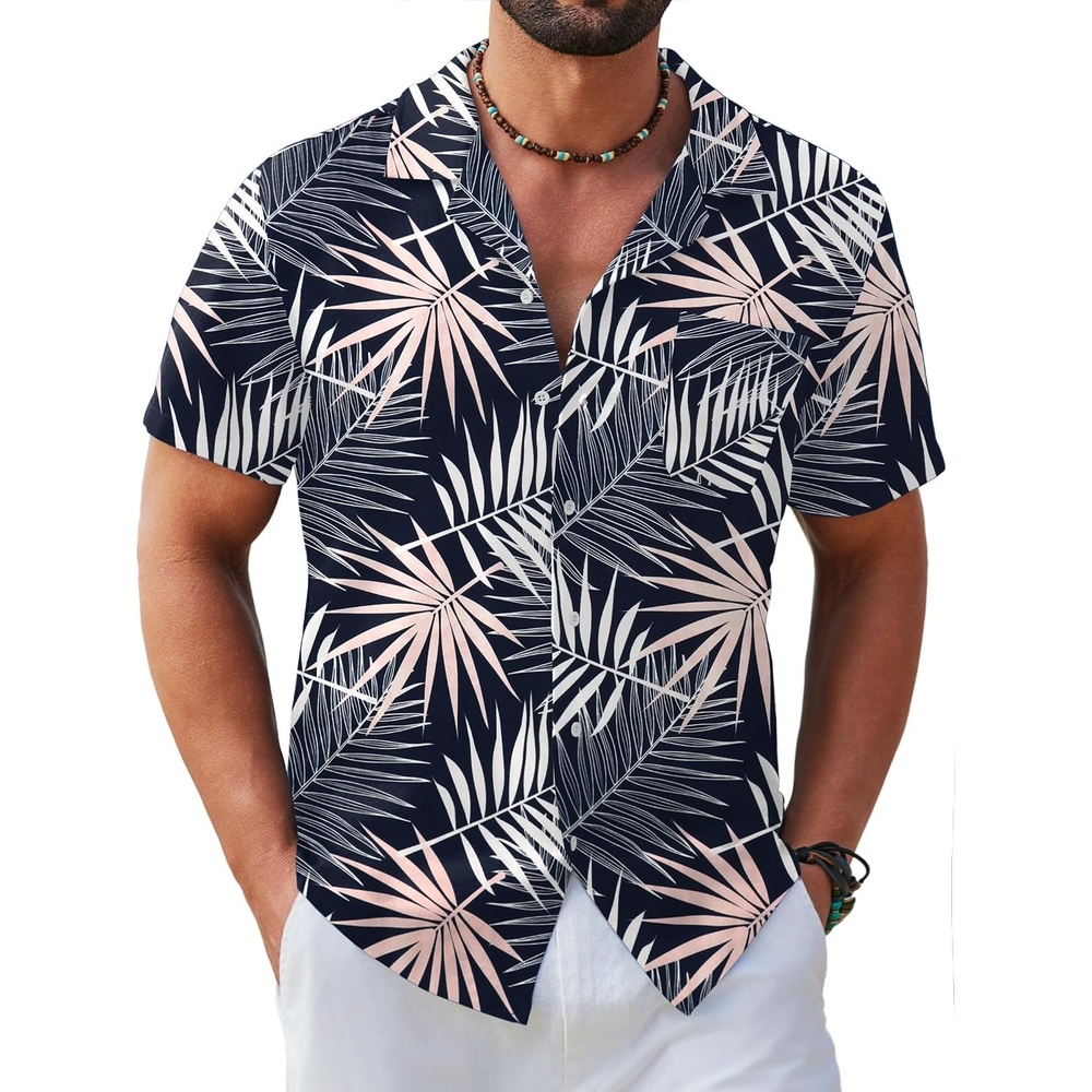 image:imageCOOFANDY Mens Hawaiian Shirt Short Sleeve Tropical Button Up Vacation Beach ShirtPink White  Leaf
