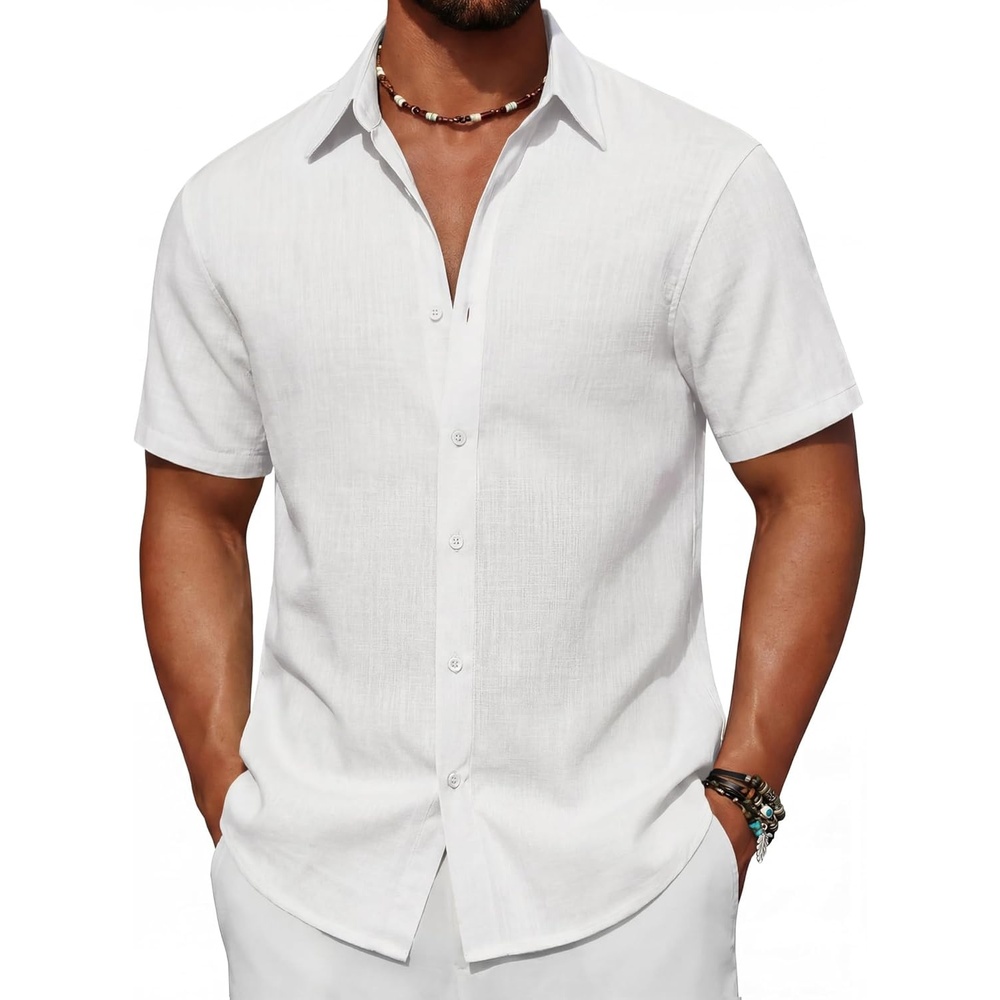 image:imageCOOFANDY Mens Short Sleeve Button Down Shirt Casual Cotton Shirts Beach Summer Linen Shirts with PocketAwhite