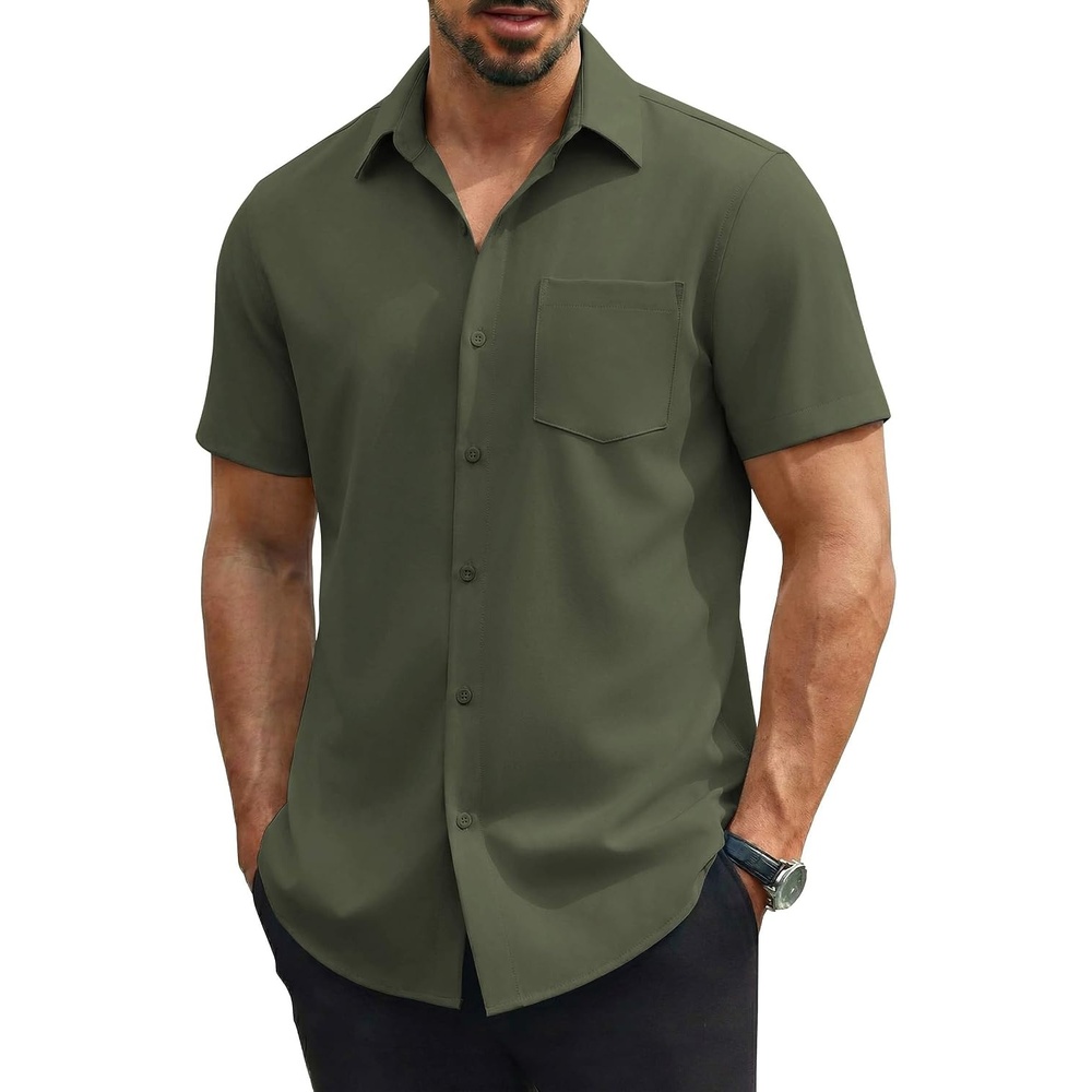 image:imageCOOFANDY Mens Stretch Dress Shirts Short Sleeve Casual Button Down Shirts with PocketArmy Green