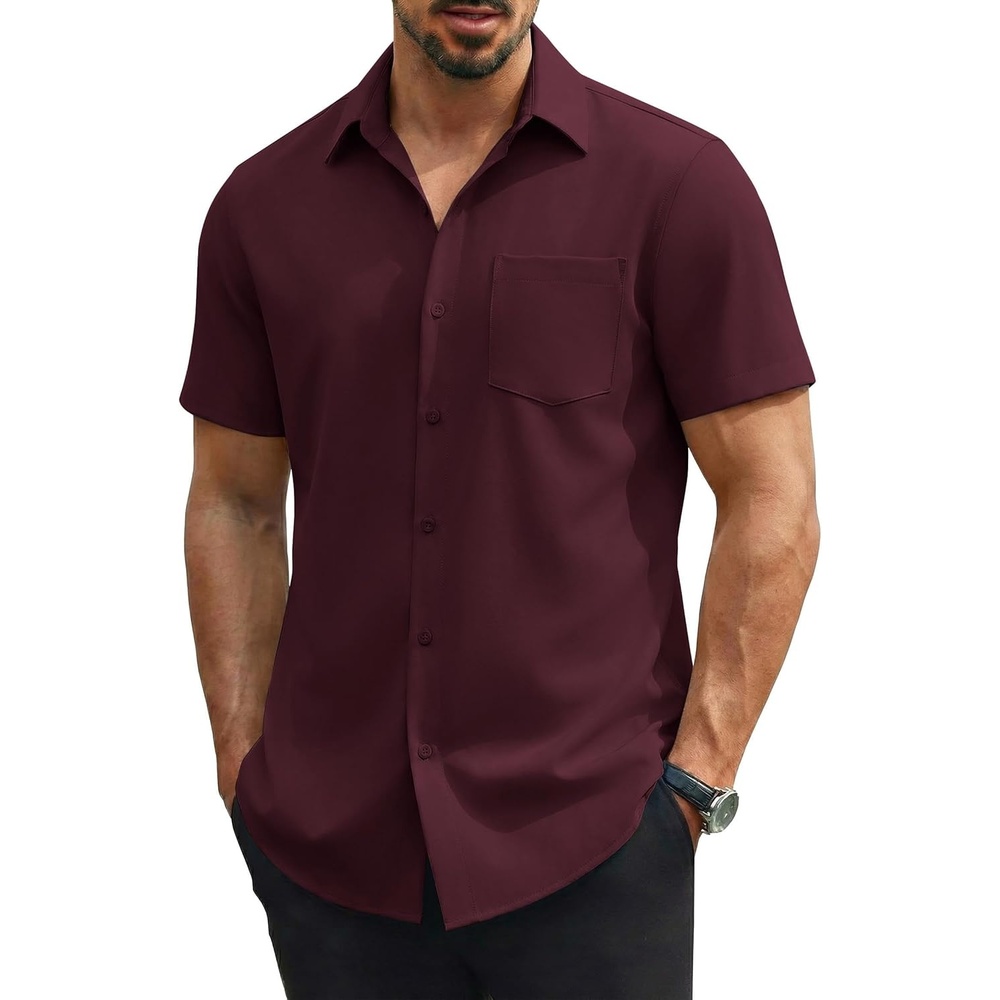 image:imageCOOFANDY Mens Stretch Dress Shirts Short Sleeve Casual Button Down Shirts with PocketDeep Red