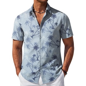 COOFANDY Mens Hawaiian Shirt Short Sleeve Button Down Beach Vacation Shirt Retro Summer Tropical Shirts(Light Blue Palm Tree)