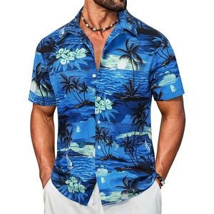 COOFANDY Mens Hawaiian Shirt Short Sleeve Button Down Floral Aloha Shirts Tropical Vacation Beach Shirts(G – Green Blue & Sunset Palm Tree)