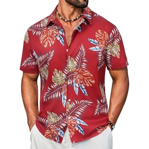COOFANDY Mens Hawaiian Shirt Short Sleeve Button Down Floral Aloha Shirts Tropical Vacation Beach Shirts(H – Red Leaf)