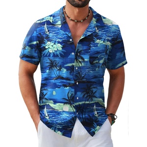 COOFANDY Mens Hawaiian Shirt Short Sleeve Tropical Button Up Vacation Beach Shirt(Blue – Palm Tree)