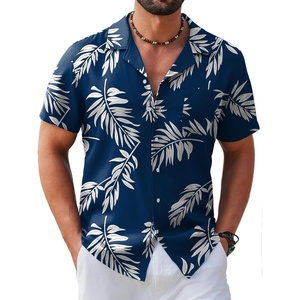 COOFANDY Mens Hawaiian Shirt Short Sleeve Tropical Button Up Vacation Beach Shirt(Navy – Palm Leaf)