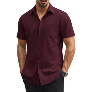 COOFANDY Mens Stretch Dress Shirts Short Sleeve Casual Button Down Shirts with Pocket(Deep Red)