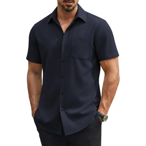 COOFANDY Mens Stretch Dress Shirts Short Sleeve Casual Button Down Shirts with Pocket(Midnight Blue)