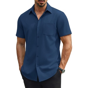 COOFANDY Mens Stretch Dress Shirts Short Sleeve Casual Button Down Shirts with Pocket(Navy Blue)