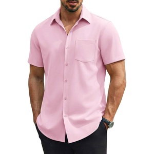 COOFANDY Mens Stretch Dress Shirts Short Sleeve Casual Button Down Shirts with Pocket(Pink)
