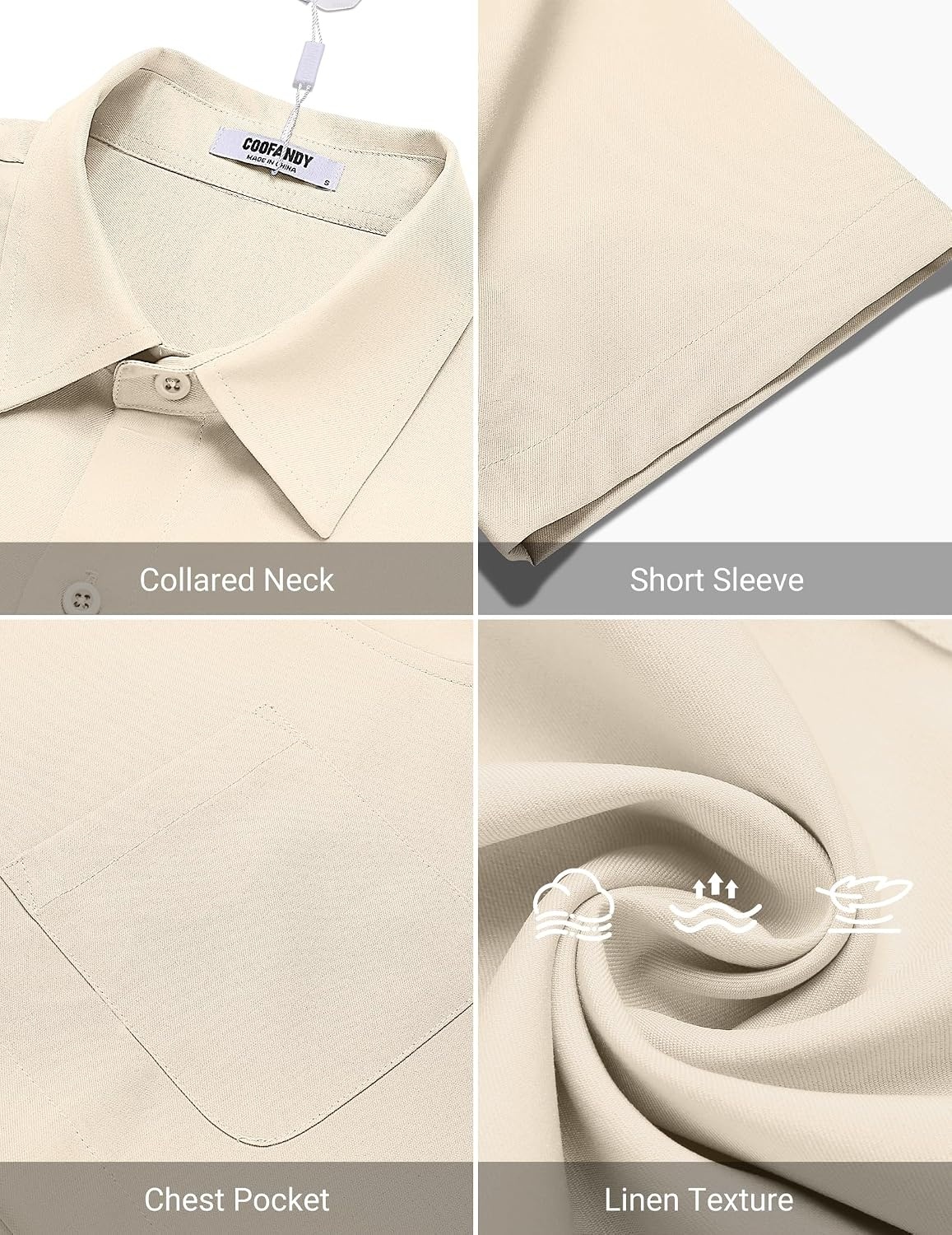 image:imageCOOFANDY Button Up Shirts for Men Short Sleeve Linen Texture Shirt with Pocket Beach Shirts Beige Small