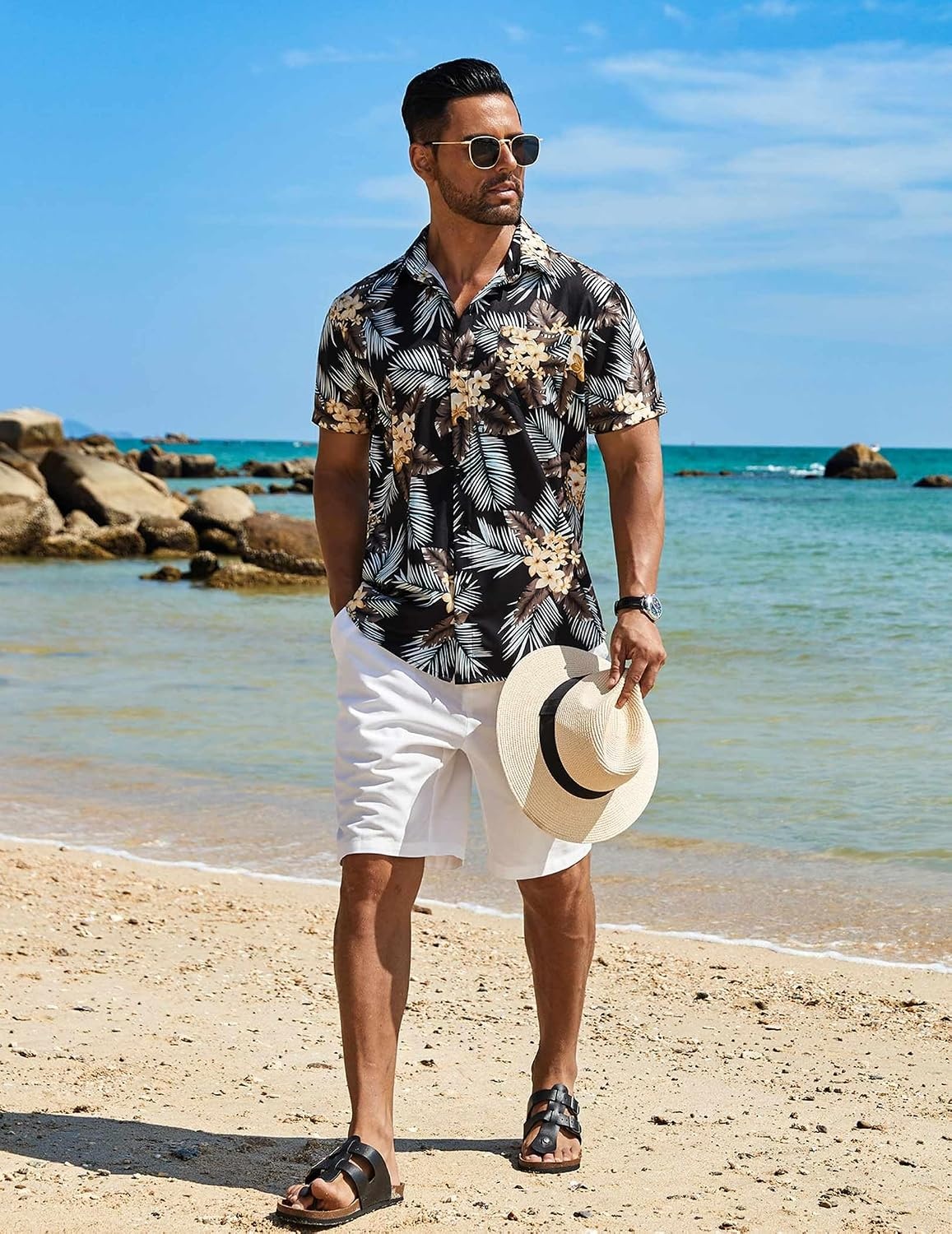 image:imageCOOFANDY Mens Hawaiian Shirt Short Sleeve Summer Button Down Shirts Tropical Vacation Beach Aloha Shirts with PocketBlack Palm Leaf