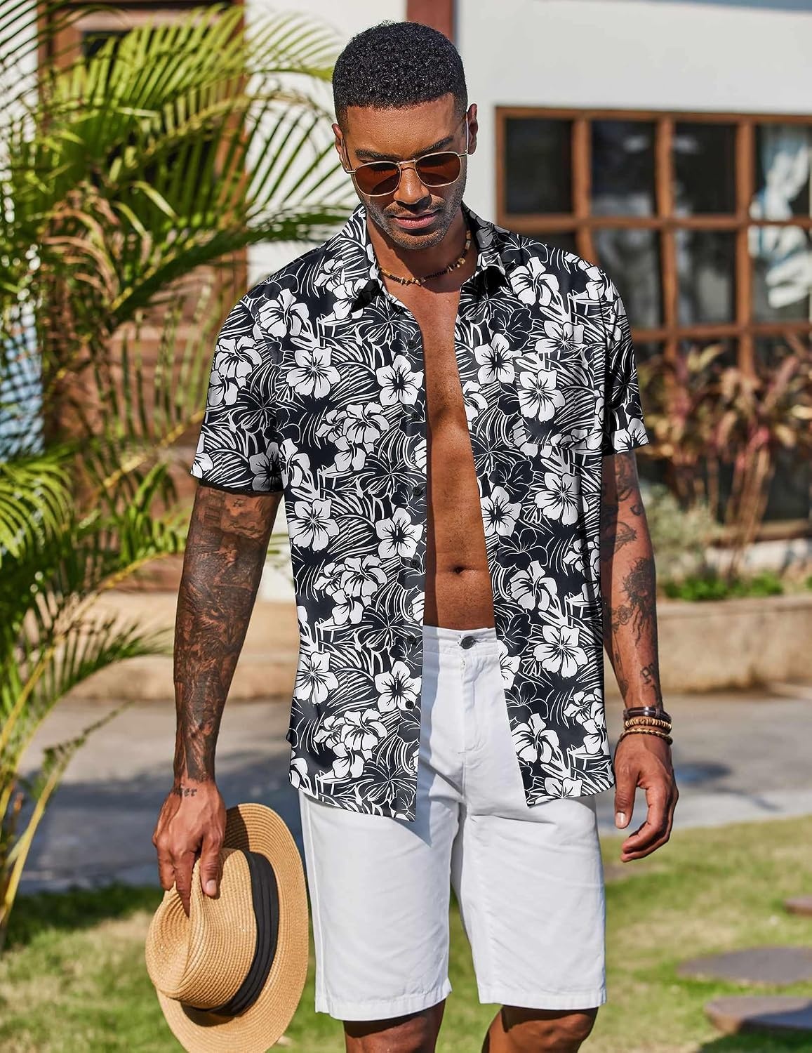 image:imageCOOFANDY Mens Hawaiian Shirt Short Sleeve Summer Button Down Shirts Tropical Vacation Beach Aloha Shirts with PocketBlack White Flower