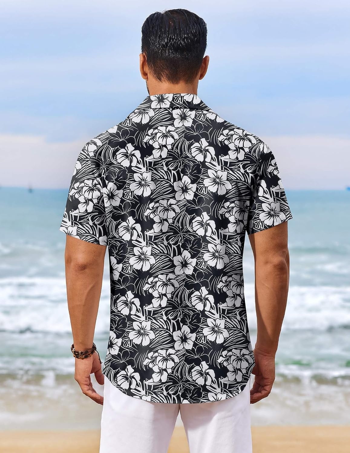 image:imageCOOFANDY Mens Hawaiian Shirt Short Sleeve Summer Button Down Shirts Tropical Vacation Beach Aloha Shirts with PocketBlack White Flower