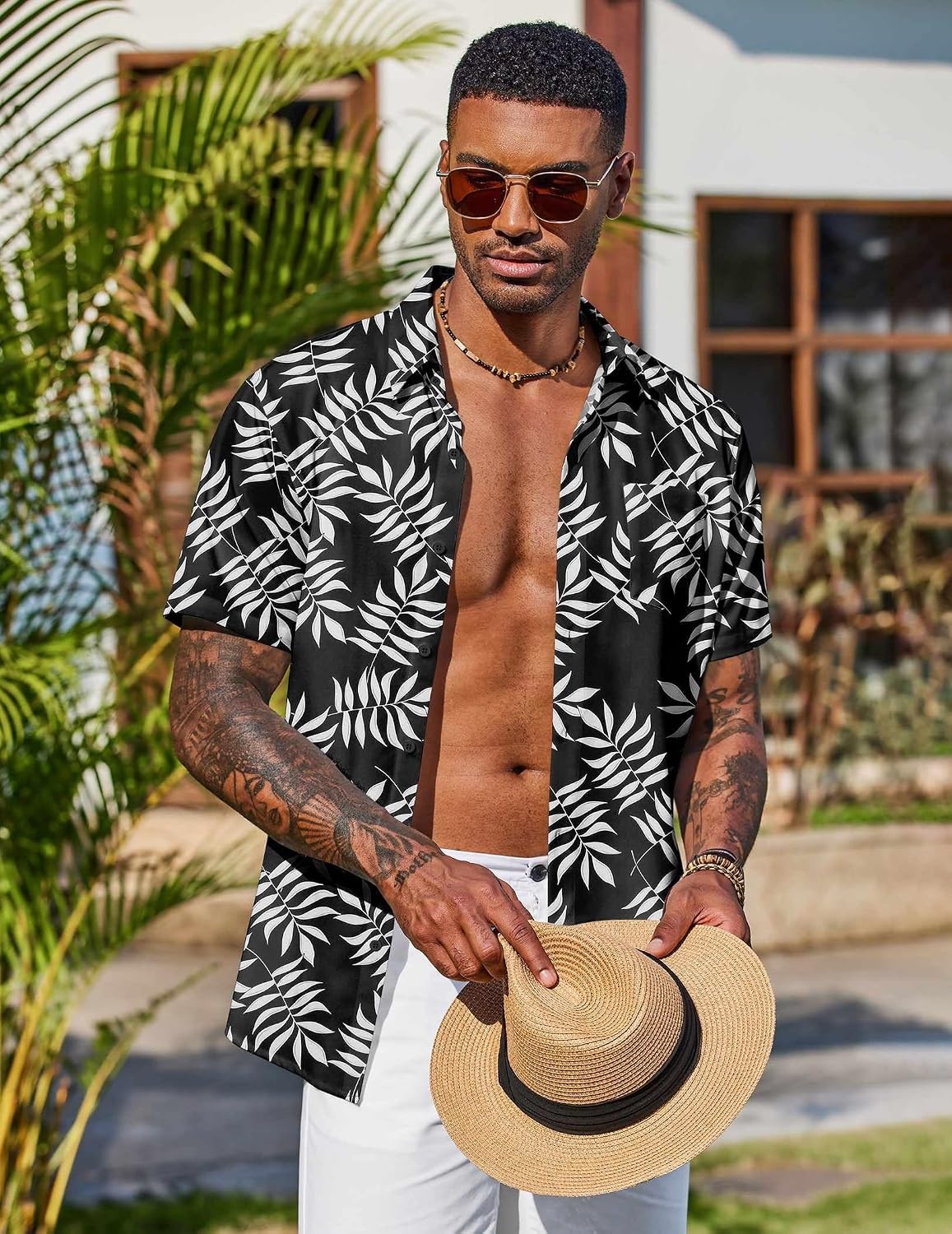 image:imageCOOFANDY Mens Hawaiian Shirt Short Sleeve Summer Button Down Shirts Tropical Vacation Beach Aloha Shirts with PocketBlack White Leaf