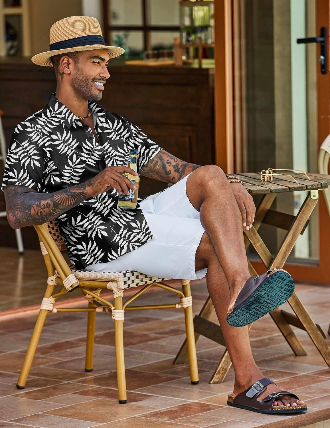 image:imageCOOFANDY Mens Hawaiian Shirt Short Sleeve Summer Button Down Shirts Tropical Vacation Beach Aloha Shirts with PocketBlack White Leaf
