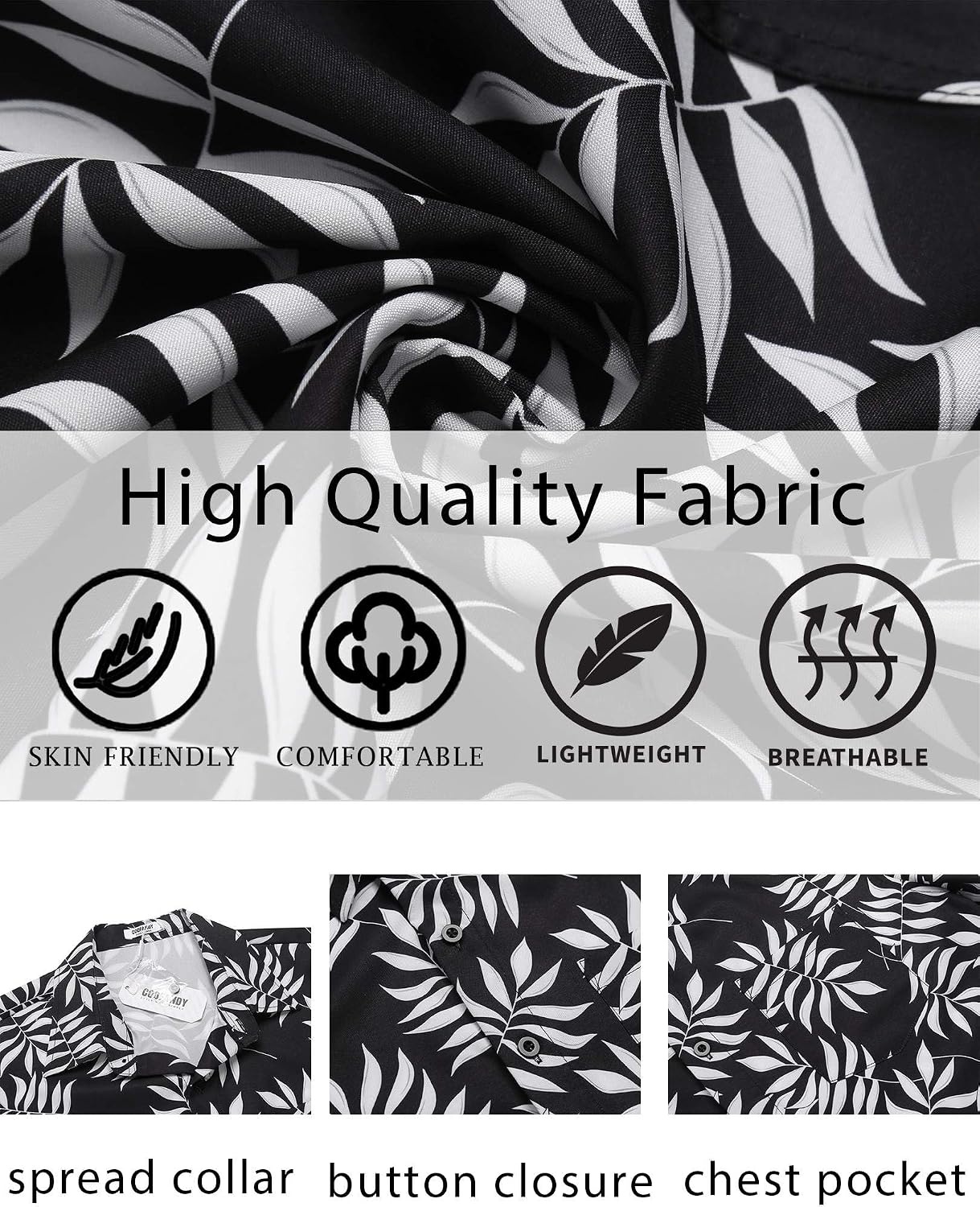image:imageCOOFANDY Mens Hawaiian Shirt Short Sleeve Summer Button Down Shirts Tropical Vacation Beach Aloha Shirts with PocketBlack White Leaf