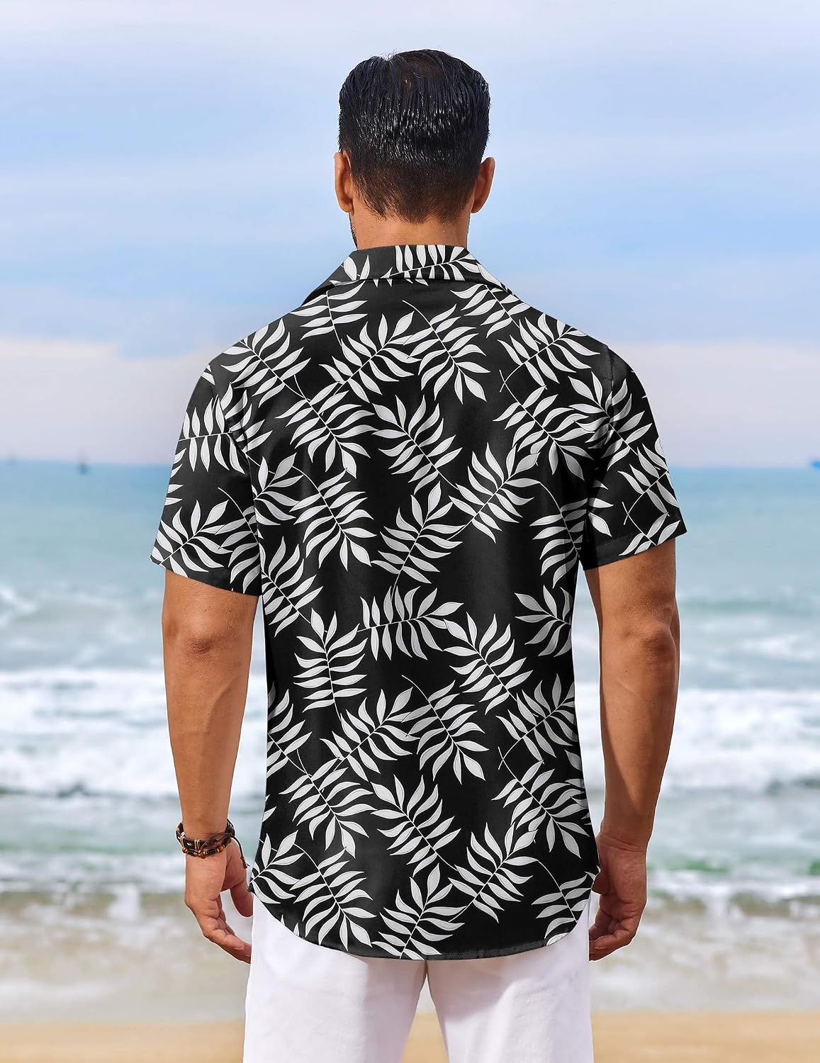 image:imageCOOFANDY Mens Hawaiian Shirt Short Sleeve Summer Button Down Shirts Tropical Vacation Beach Aloha Shirts with PocketBlack White Leaf