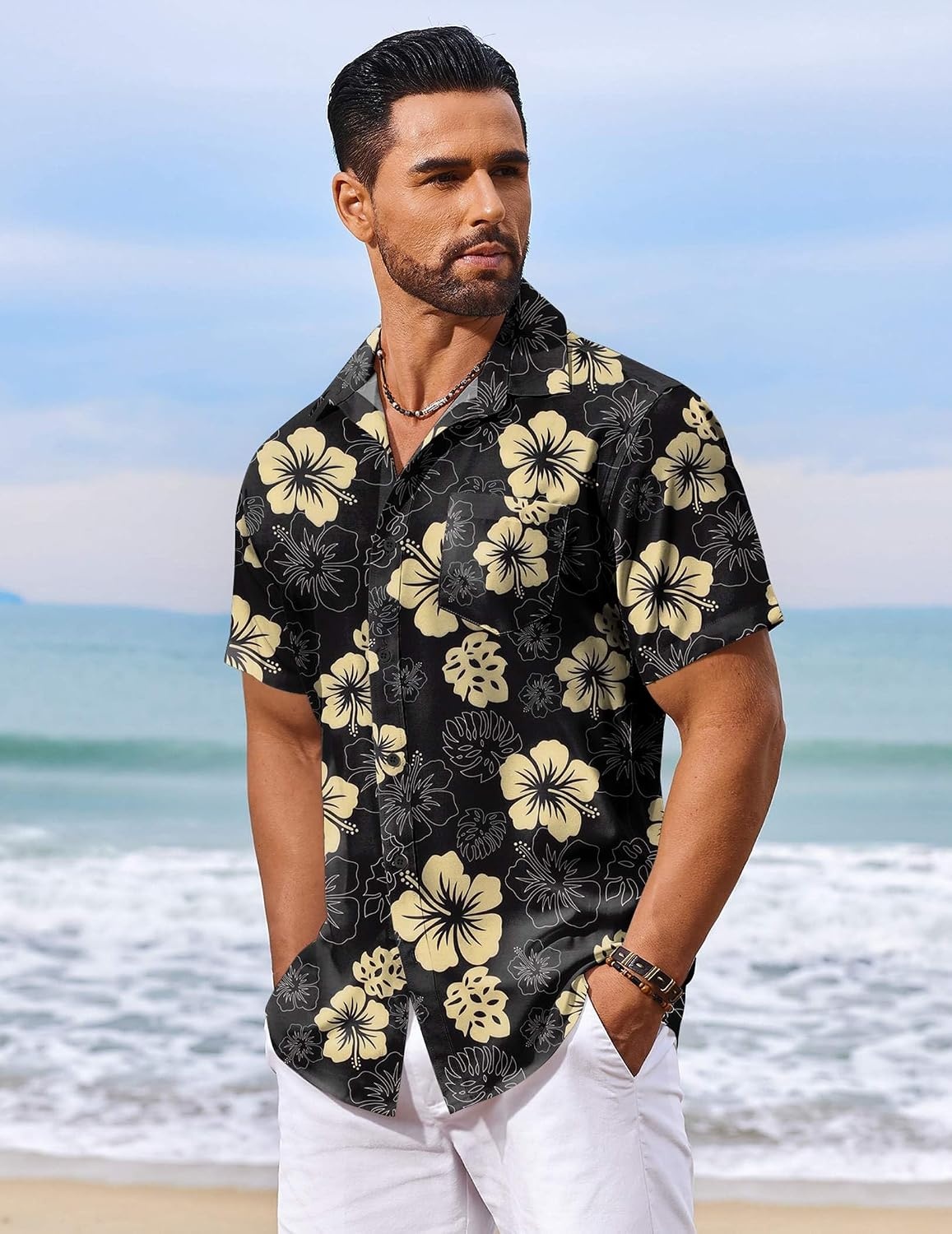 image:imageCOOFANDY Mens Hawaiian Shirt Short Sleeve Summer Button Down Shirts Tropical Vacation Beach Aloha Shirts with PocketBlack Yellow Flower